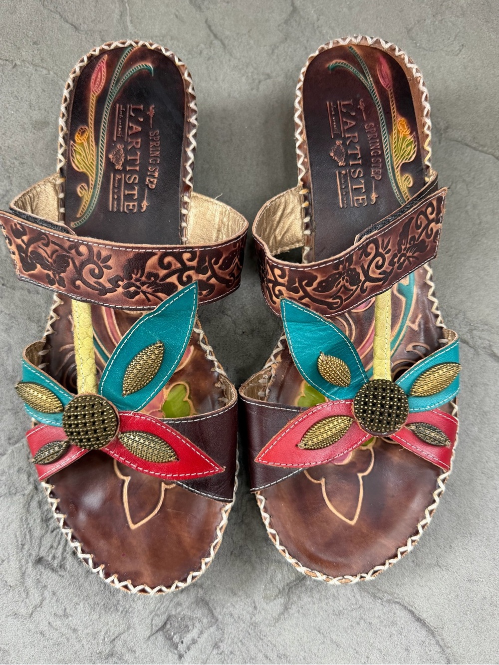 Spring Step L'Artiste "Pola" Brown Multi Color
Leather Slide Sandals Adjustable